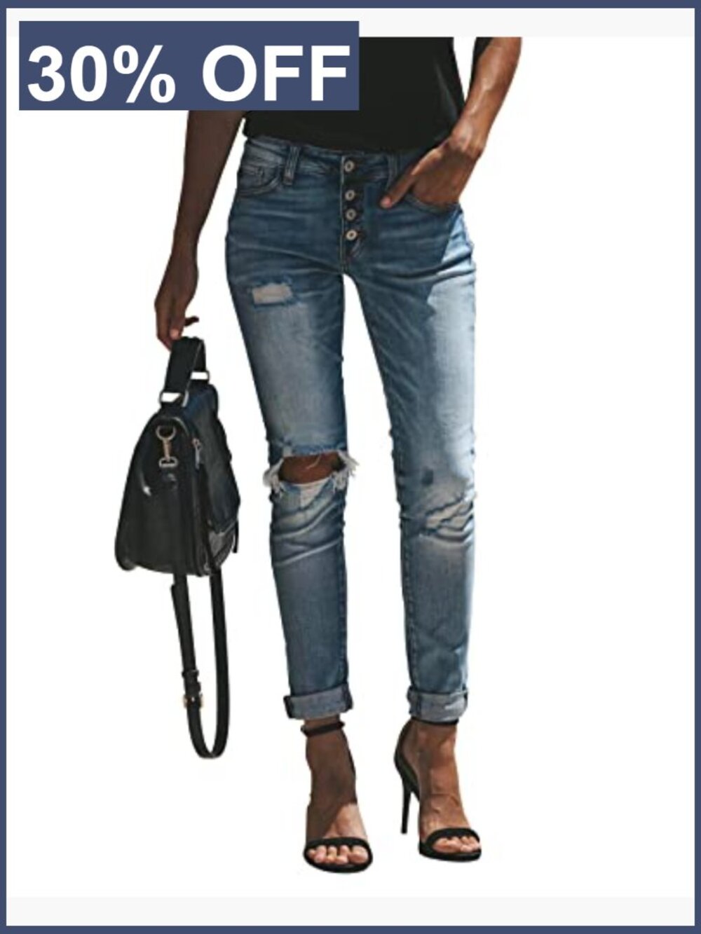 Ripped Mid Waisted Boyfriend Jeans Loose Fit Distressed Stretchy Denim Pants - Picture 3 of 6